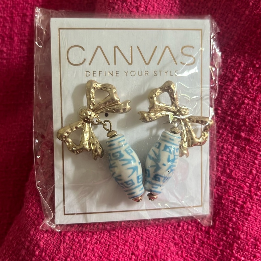 New in Packaging Canvas Bow and Blue and White Earrings